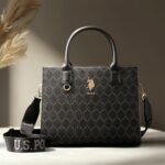 Scarlet Black Monogram Printed Satchel Handbag with Dual Handles