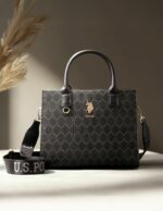 Scarlet Black Monogram Printed Satchel Handbag with Dual Handles