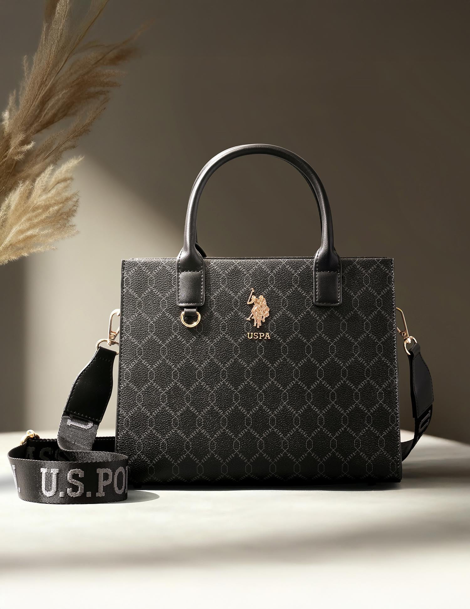 1_c065b594-d7ad-404f-8e34-ae6d15b5e67c Scarlet Black Monogram Printed Satchel Handbag with Dual Handles - Image 1